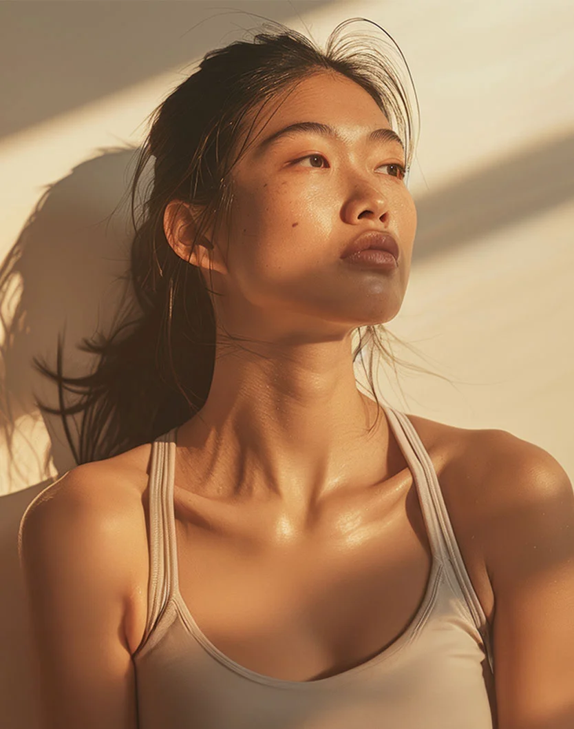 A close-up of a woman with a light-brown complexion and dark, pulled-back hair. She looks attentively upward and to the right, with muted pinkish-brown lips. She wears a light beige or taupe tank top. Soft, warm natural light creates shadows across her face, highlighting her features. The background is a pale cream or beige wall with patterns formed by the light. - Otoplasty in Toronto, Ontario